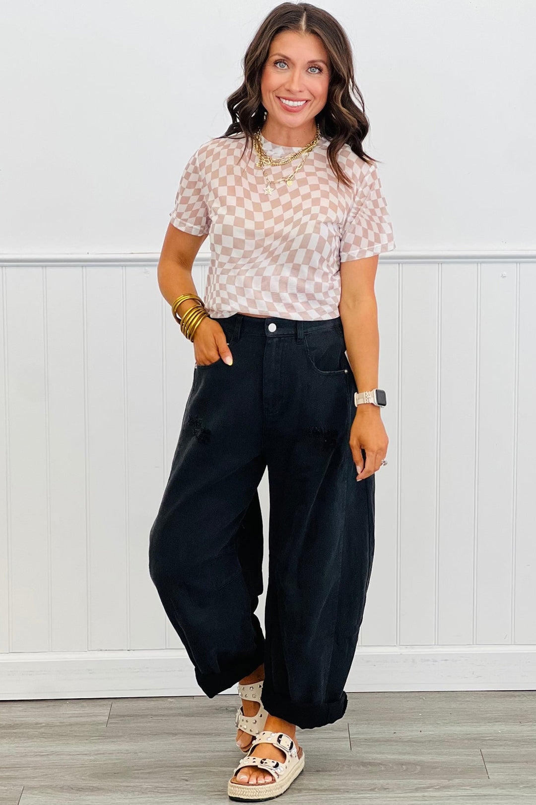 Khaki Checkered Print Crew Neck Mesh T Shirt