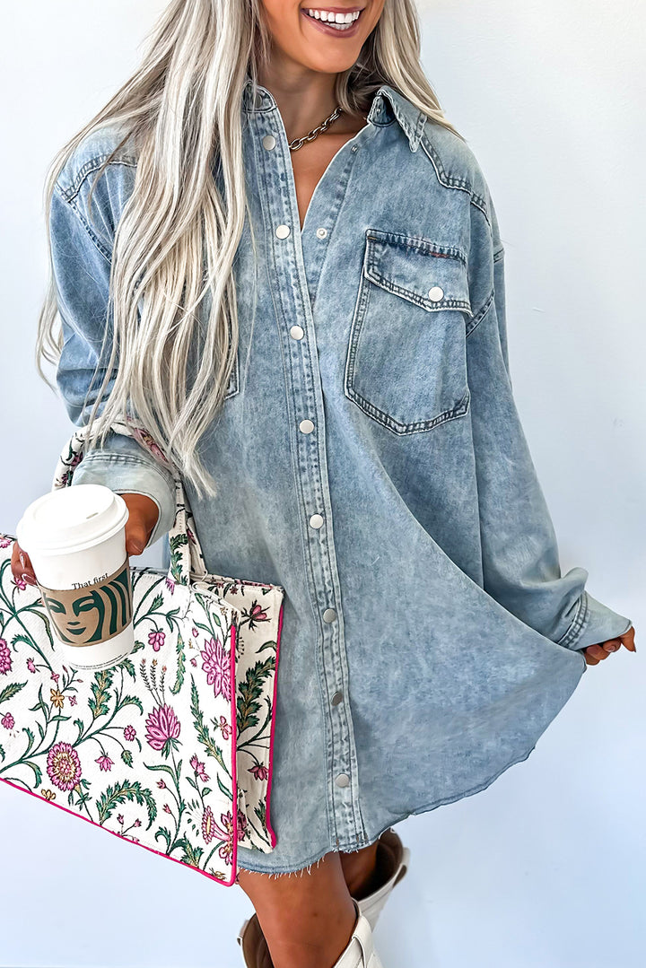 Chest Pocket Raw Hem Denim Loose Shirt Dress
