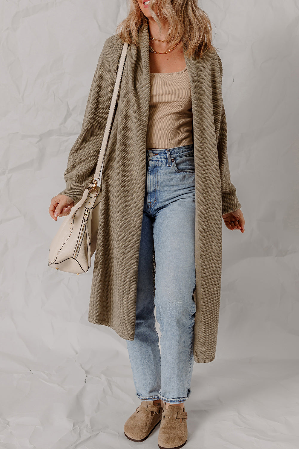 Solid Color Textured Knit Open Front Oversize Midi Sweater Cardigan