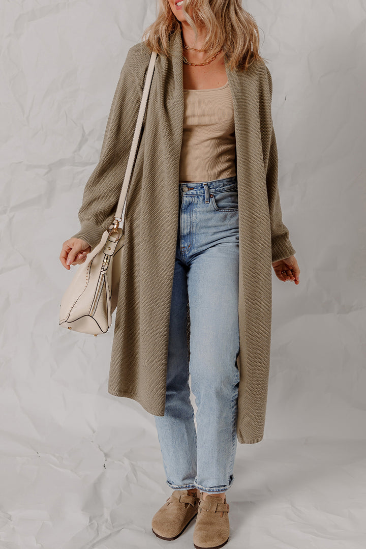 Solid Color Textured Knit Open Front Oversize Midi Sweater Cardigan