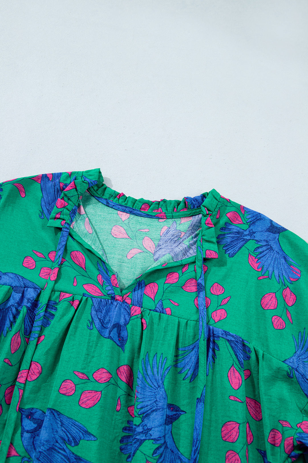 Green Abstract Print Flounced Puff Sleeve Blouse