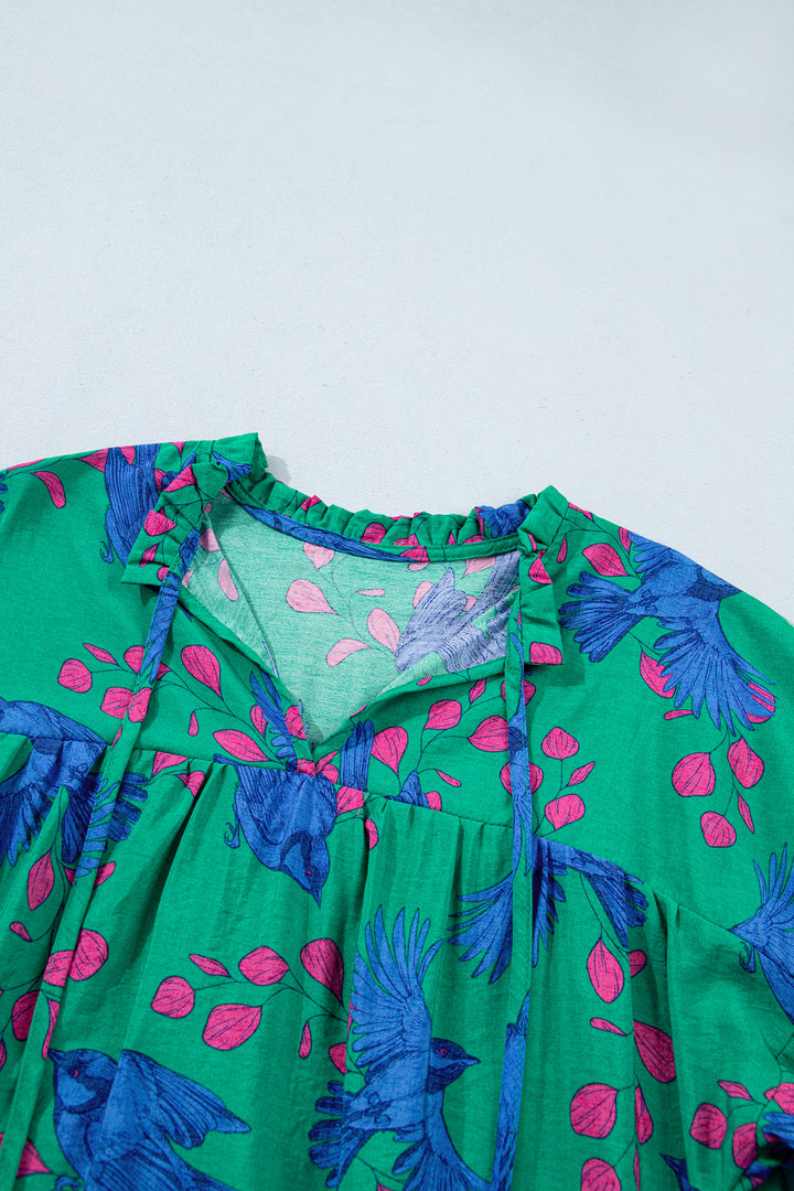Green Abstract Print Flounced Puff Sleeve Blouse