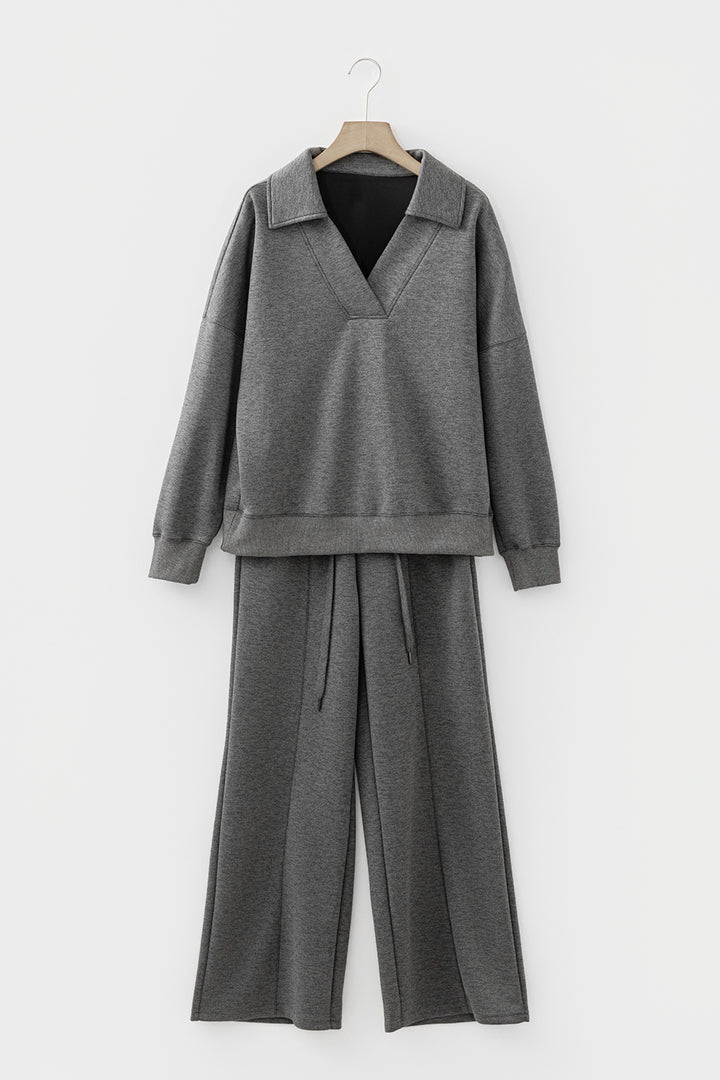 Medium Grey Collared V Neck Pullover Sweatshirt Sweatpants Set