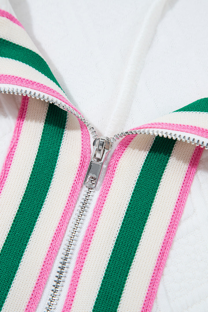 White Contrast Striped Collar Patchwork Textured Half Sleeve Blouse