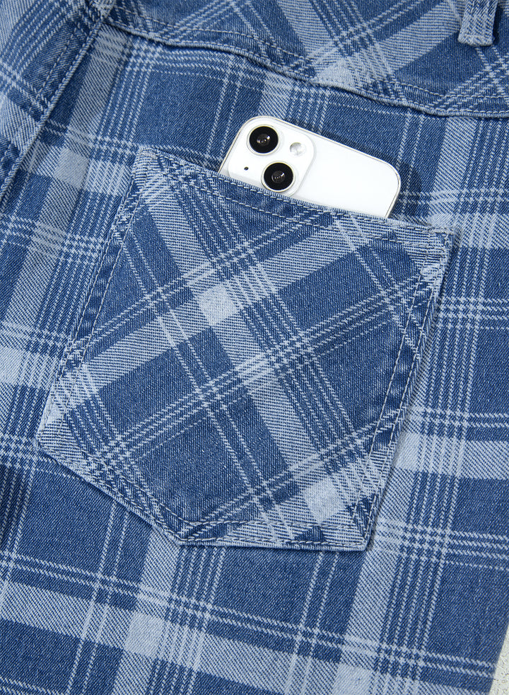 Sky Blue Plaid Denim Grommet Drawstring Waist Ankle-Length Jeans