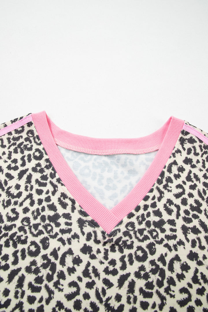 Contrast V Neck Varsity Short Sleeve Leopard Top