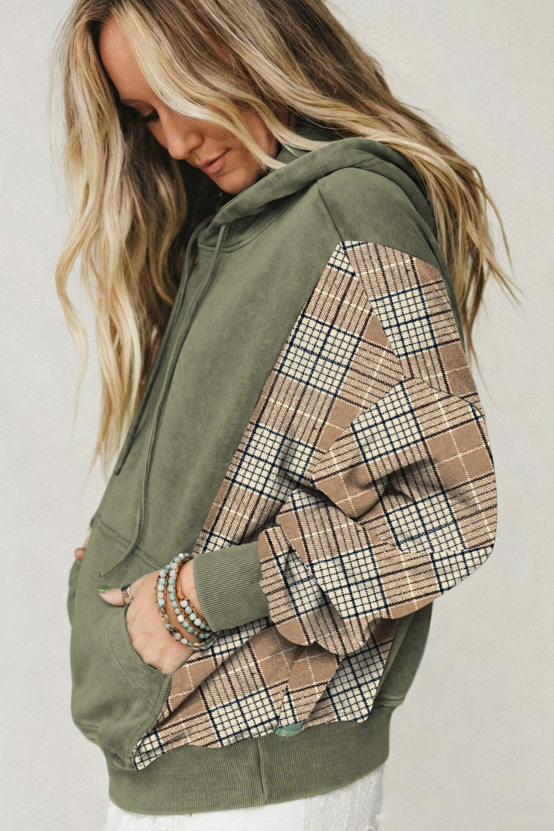 Moss Green Plaid Sleeve Drawstring Pocket Hooded Sweatshirt