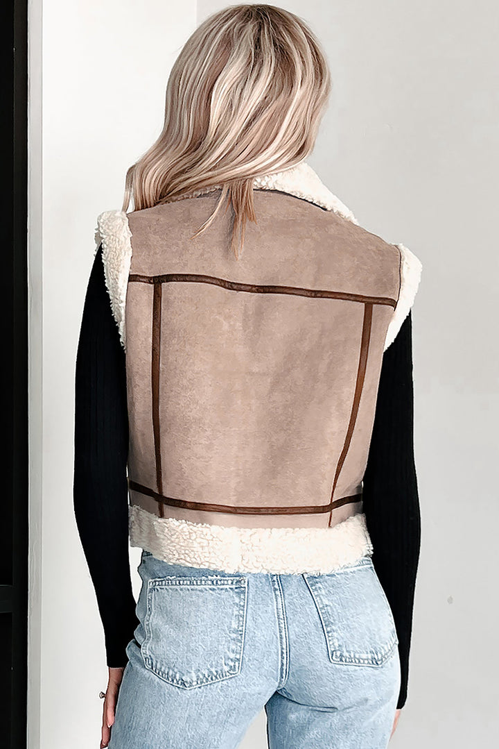 Dark Khaki Sherpa Lined Faux Suede Lapel Collar Vest