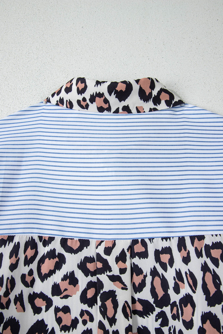 Colorblock Leopard Patchwork Chest Pocket Cuffed Sleeve Shirt