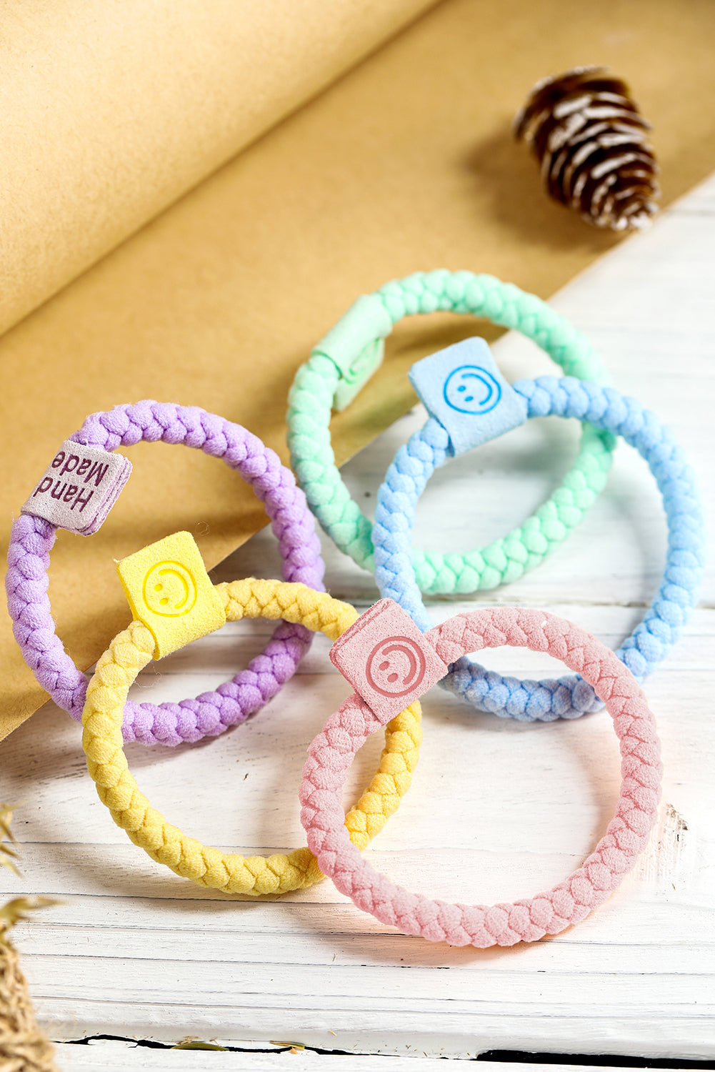 Lot de 5 élastiques à cheveux tressés avec languette Smile Face
