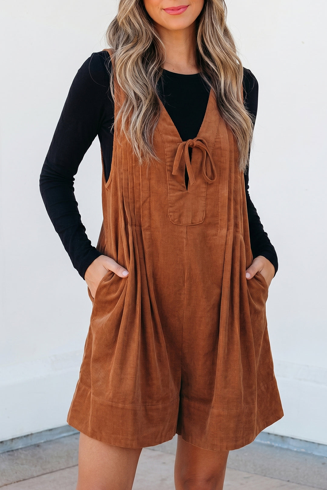 Cinnamon Tie V Neck Sleeveless Corduroy Romper
