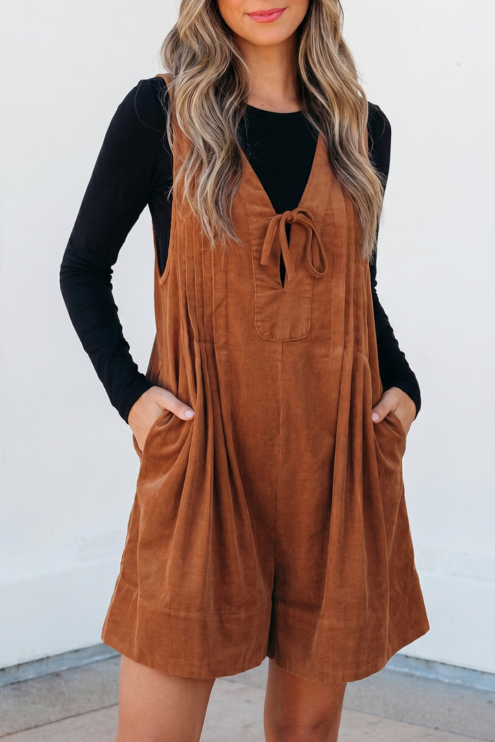 Cinnamon Tie V Neck Sleeveless Corduroy Romper
