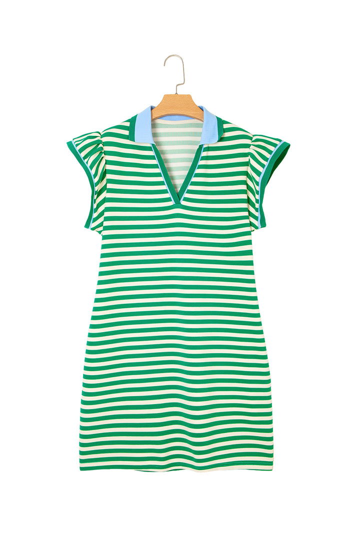 Green Stripe Split Neck Flutter Sleeve Short Dress