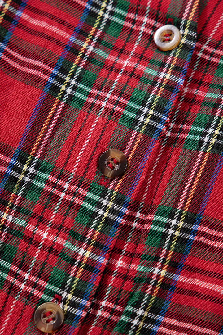 Red Plus Size Plaid Half Button Long Sleeve Holiday Dress