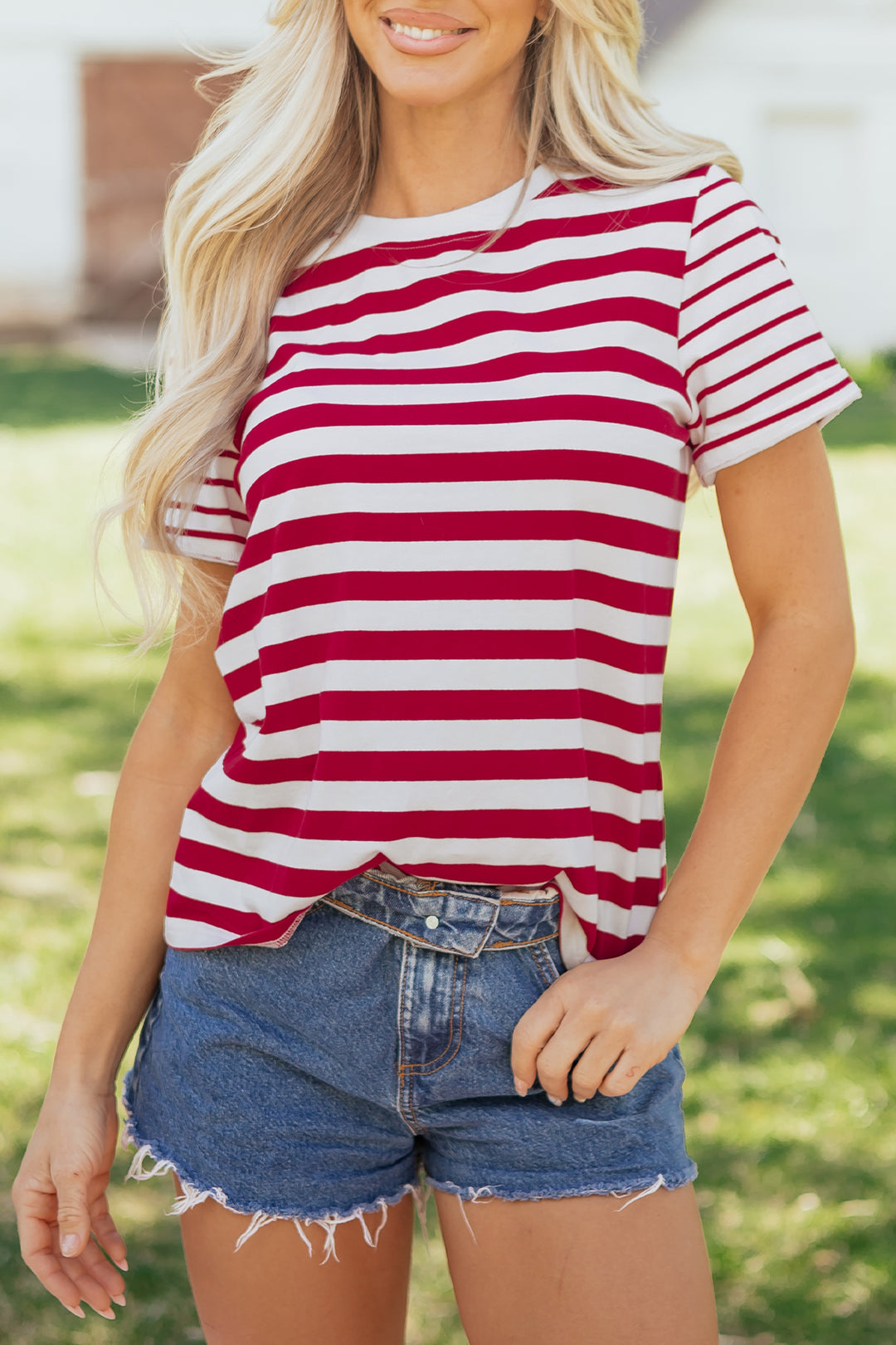 Red Stripe Patchwork Round Neck Short Sleeve T Shirt