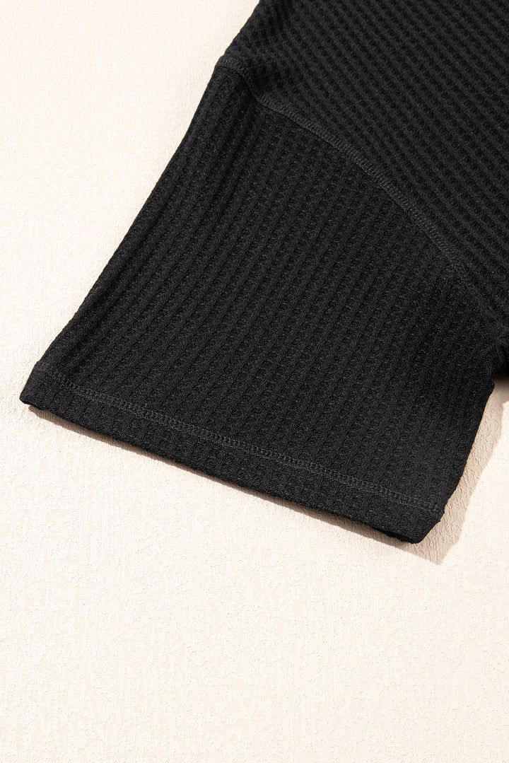 Black Solid Color Waffled V Neck Loose Tee Drawstring Shorts Set