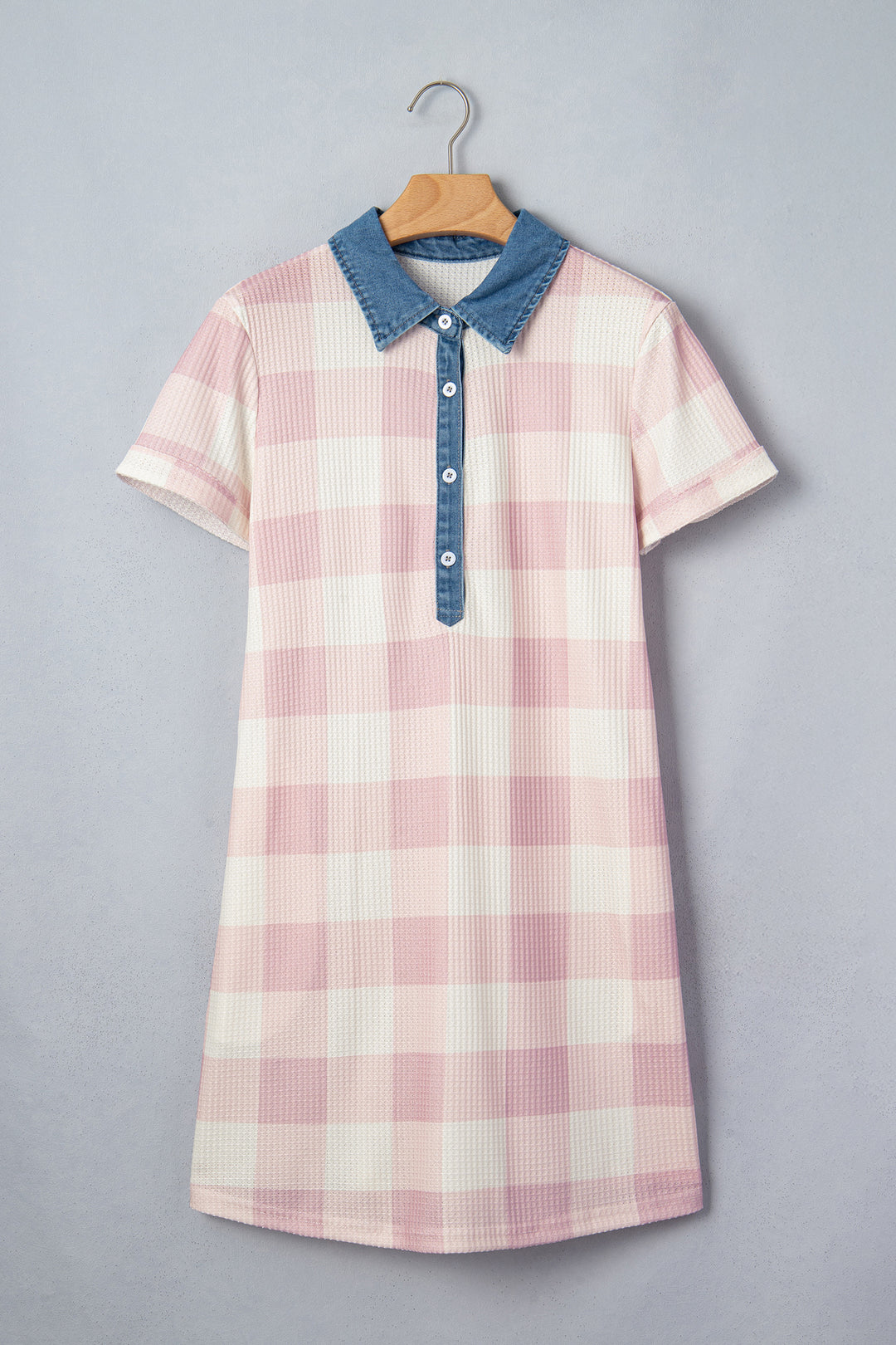 Pink Waffle Plaid Print Contrast Denim Shirt Collar T Shirt Mini Dress
