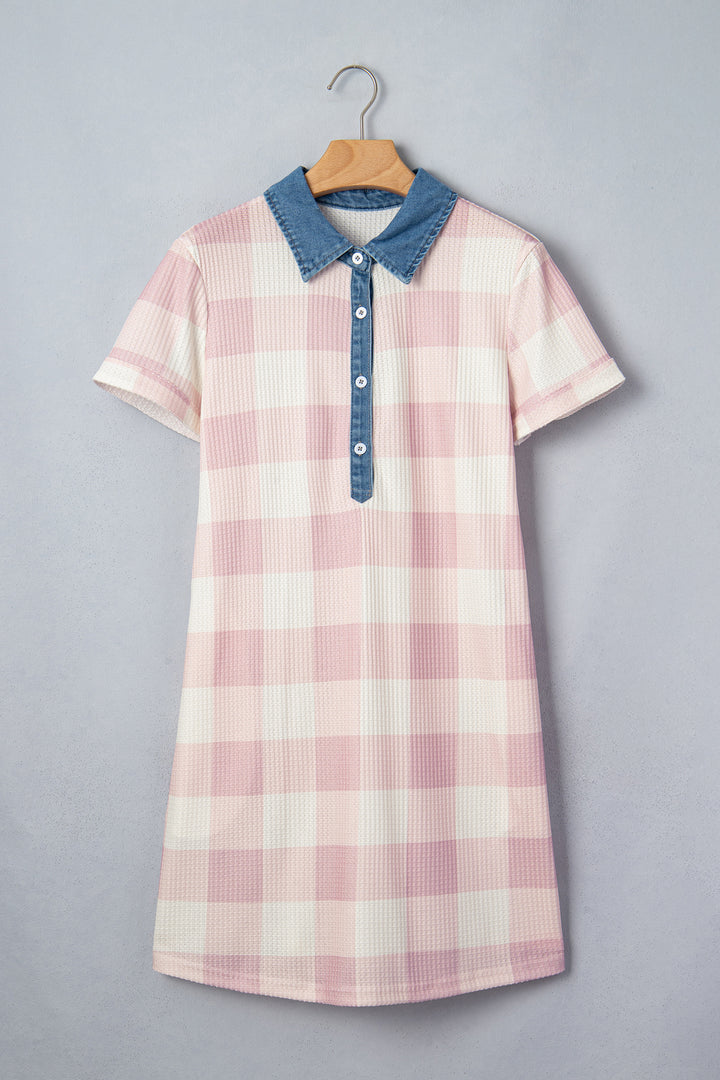 Pink Waffle Plaid Print Contrast Denim Shirt Collar T Shirt Mini Dress