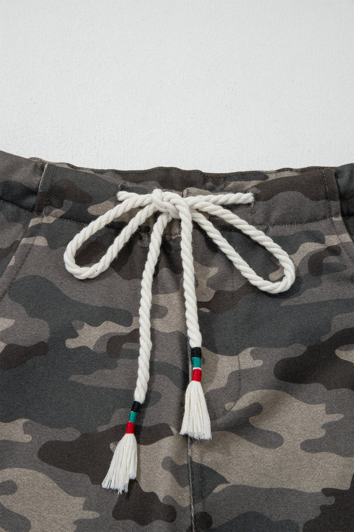 Green Camouflage Print Striped Side Panel Patchwork Drawstring Pants