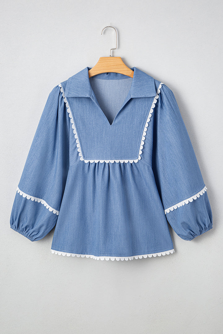 Lace Ric Rac 3/4 Puff Sleeve Collared Babydoll Blouse