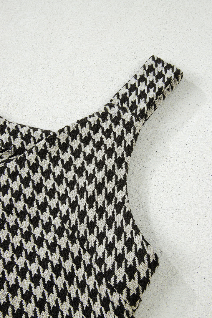 Khaki Houndstooth Print V Neck Sleeveless Mini Dress