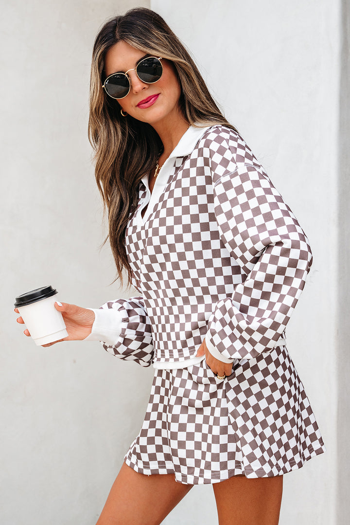 Khaki Checkered Print Polo Collar Cropped Top Drawstring Mini Skirt Set