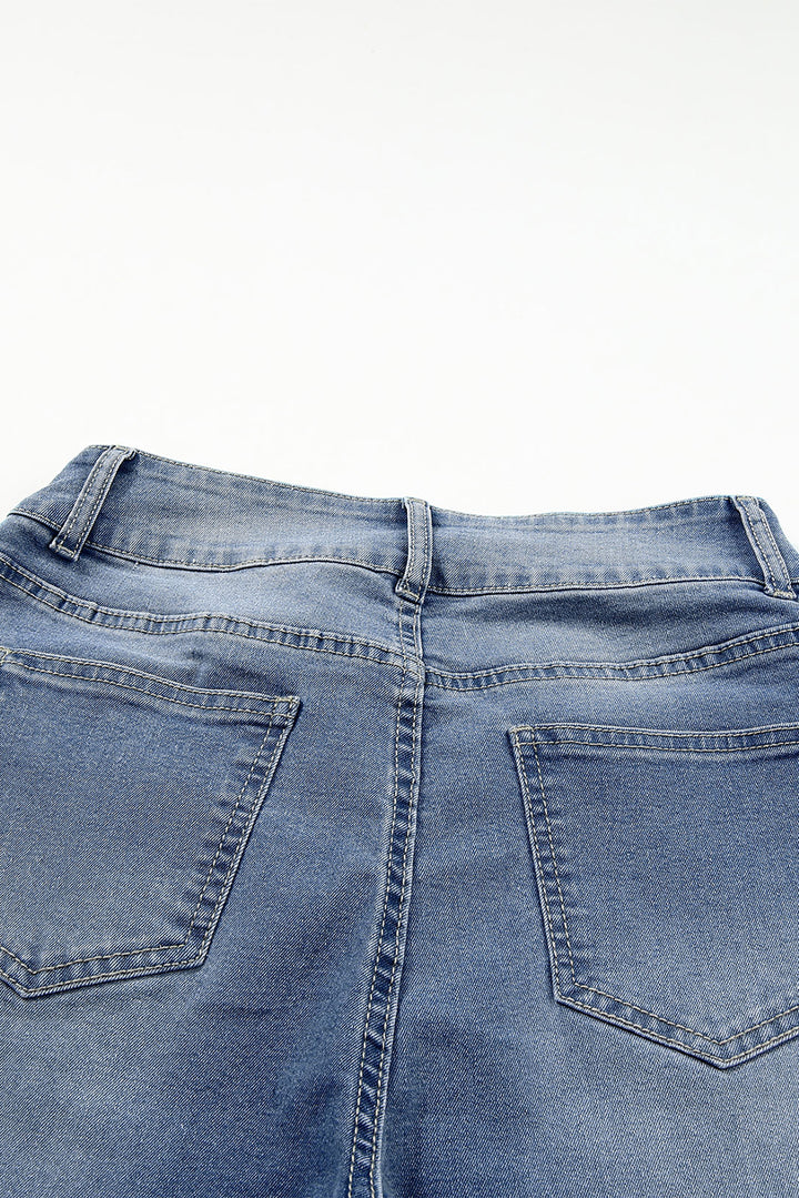 Sky Blue Double Button Raw Hem Slim Fit Jeans