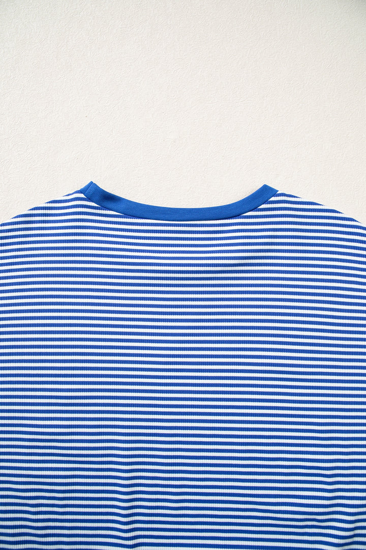 Blue Stripe Oversized Long Sleeve Top Drawstring Loose Shorts 2pcs Set