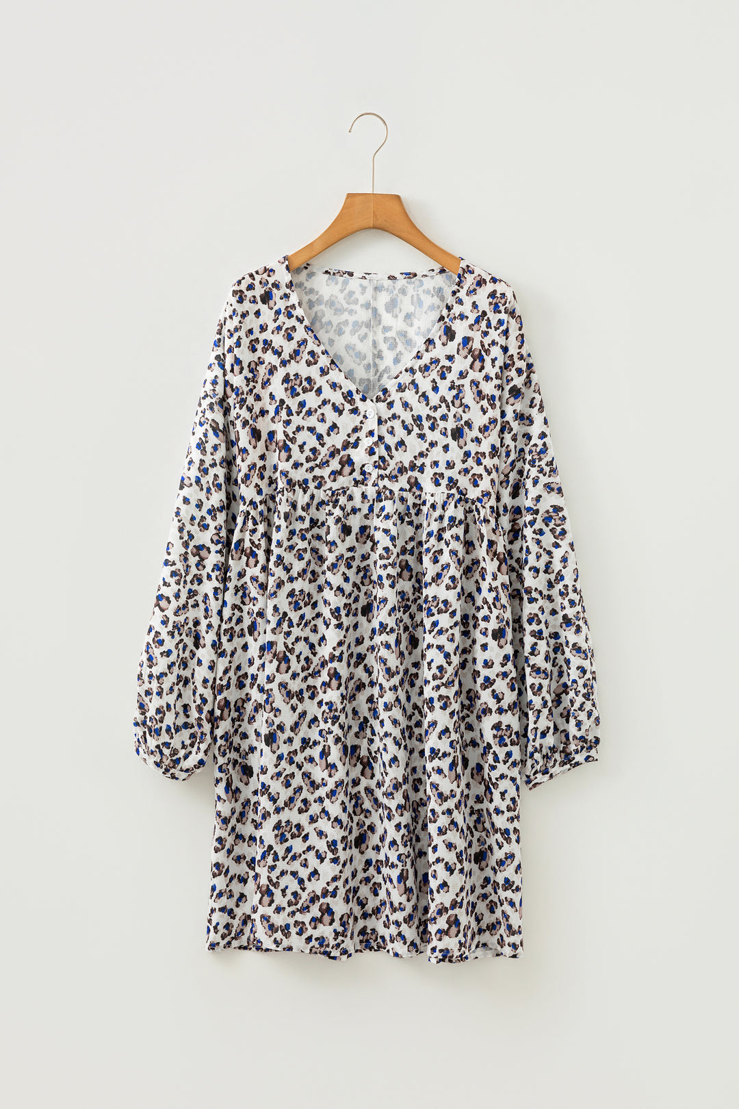 Leopard Print V Neck Button Detail Long Sleeve Mini Dress