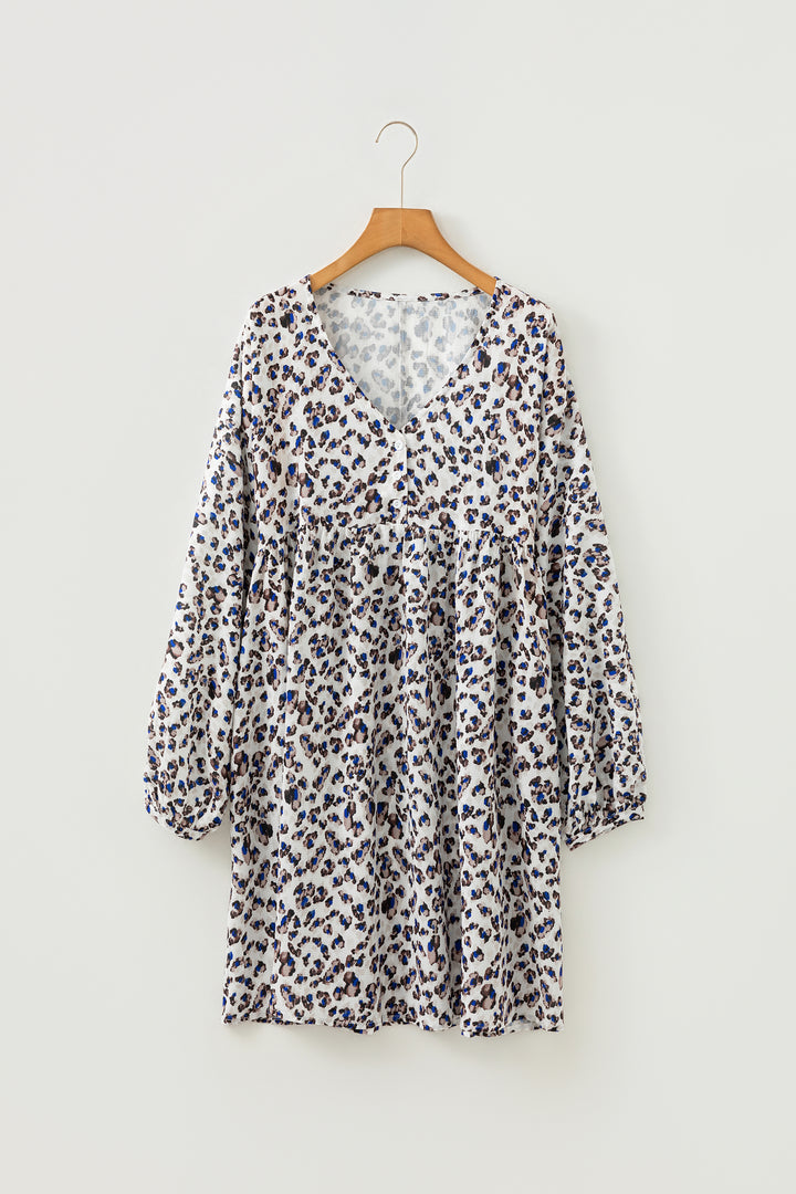 Leopard Print V Neck Button Detail Long Sleeve Mini Dress