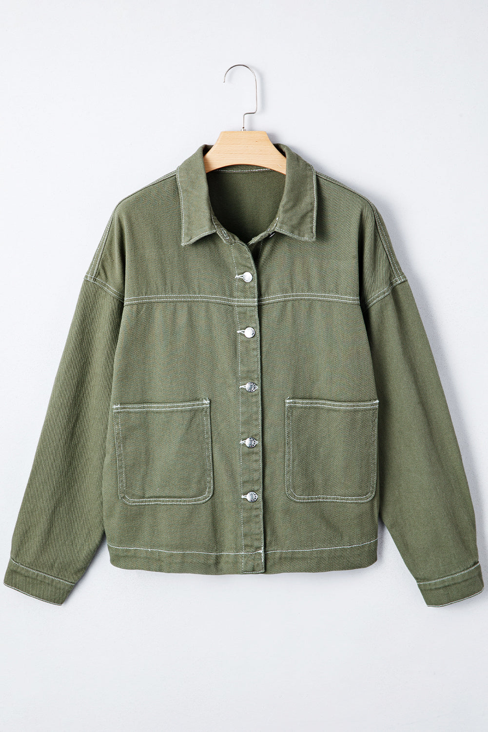 Patched Pocket Collared Button Front Boyfriend Denim Jacket