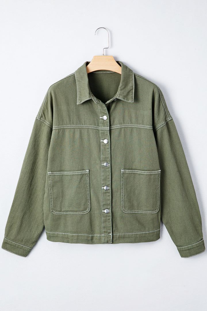 Patched Pocket Collared Button Front Boyfriend Denim Jacket