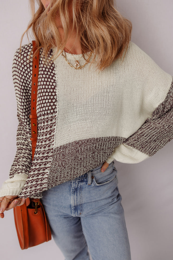 Color Block Back Tie Drop Shoulder Loose Sweater