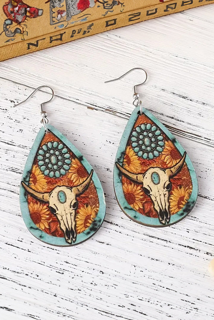 Boucles d'oreilles pendantes en bois à imprimé tête de bœuf Western