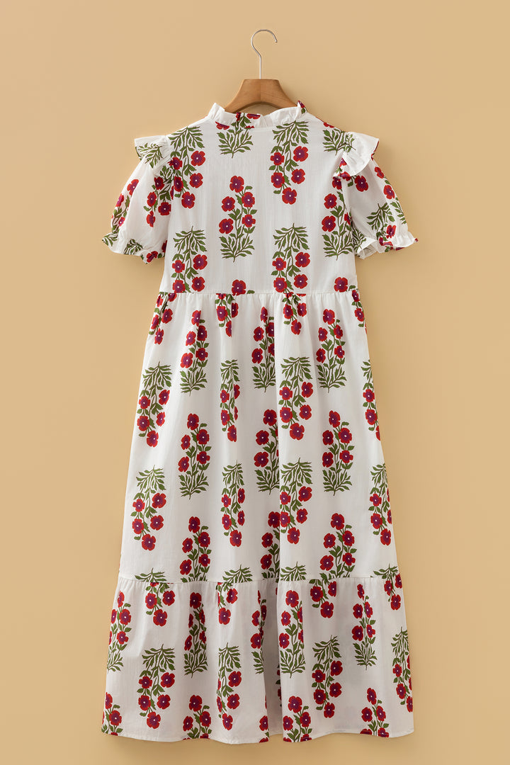 Floral Print V Neck 3/4 Sleeve Loose Mini Dress