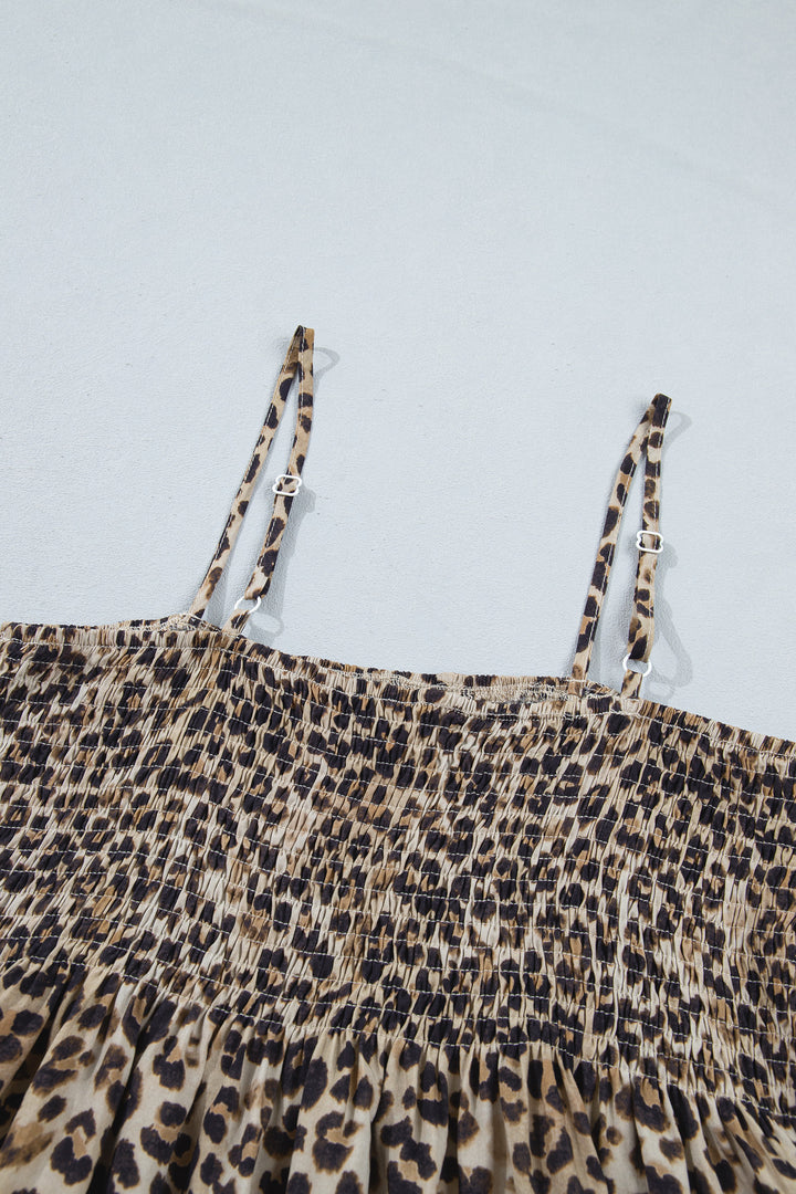 Multicolour Leopard Spaghetti Straps Shirred Ruffle Tank Top