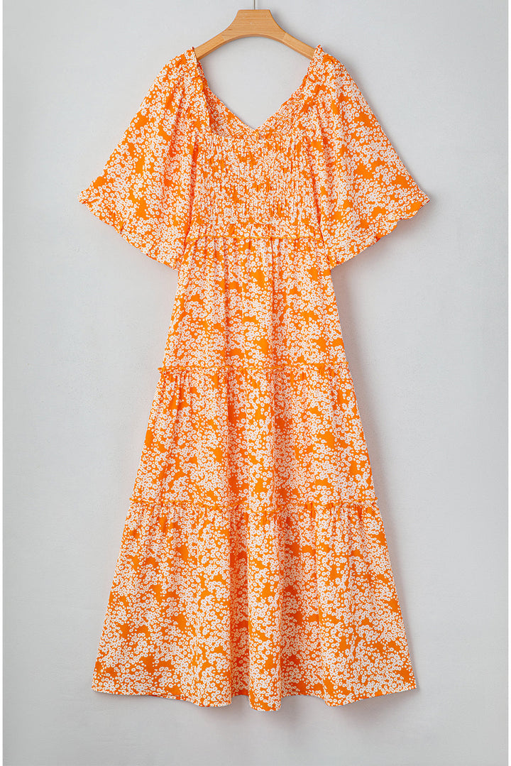Floral Print Smocked V Neck Wide Sleeve Maxi Dress