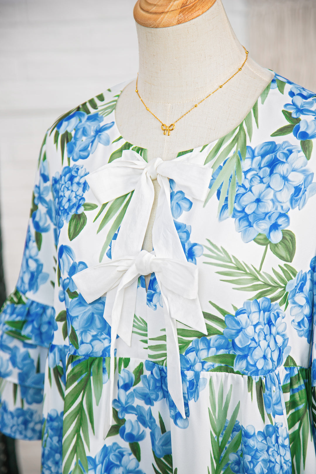 Sky Blue Palm Floral Print Contrast Ribbon Knot Ruffle Tiered Sleeve Mini Dress