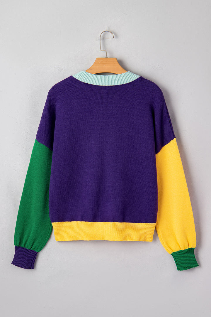 Tillandsia Purple Colorblock Patchwork Fuzzy Mardi Gras Graphic Sweater