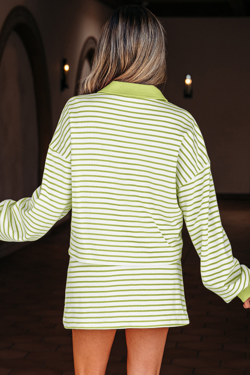 Green Stripe Collared Pullover and Skort 2pcs Outfit