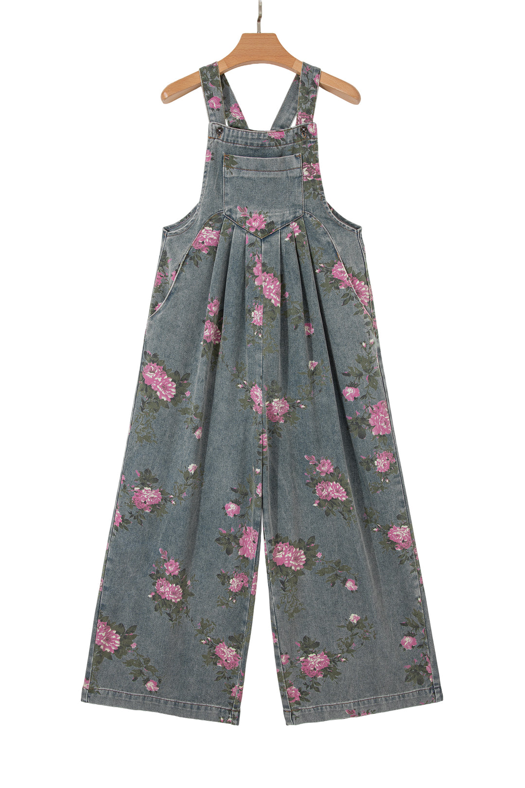 Gray Beau Floral Print Pleated High Waist Wide Leg Denim Jumpsuit