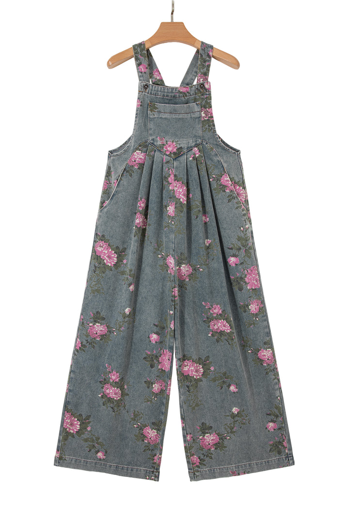 Gray Beau Floral Print Pleated High Waist Wide Leg Denim Jumpsuit