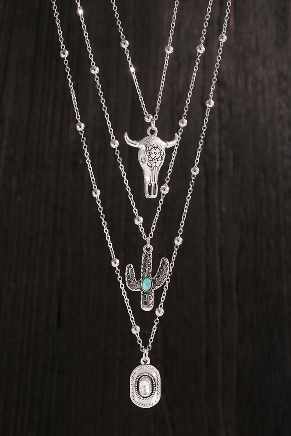 Western Steer Cactus Pendant Adjustable Multi Layer Necklace