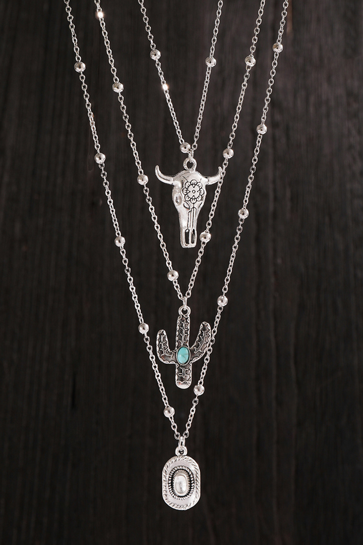 Western Steer Cactus Pendant Adjustable Multi Layer Necklace