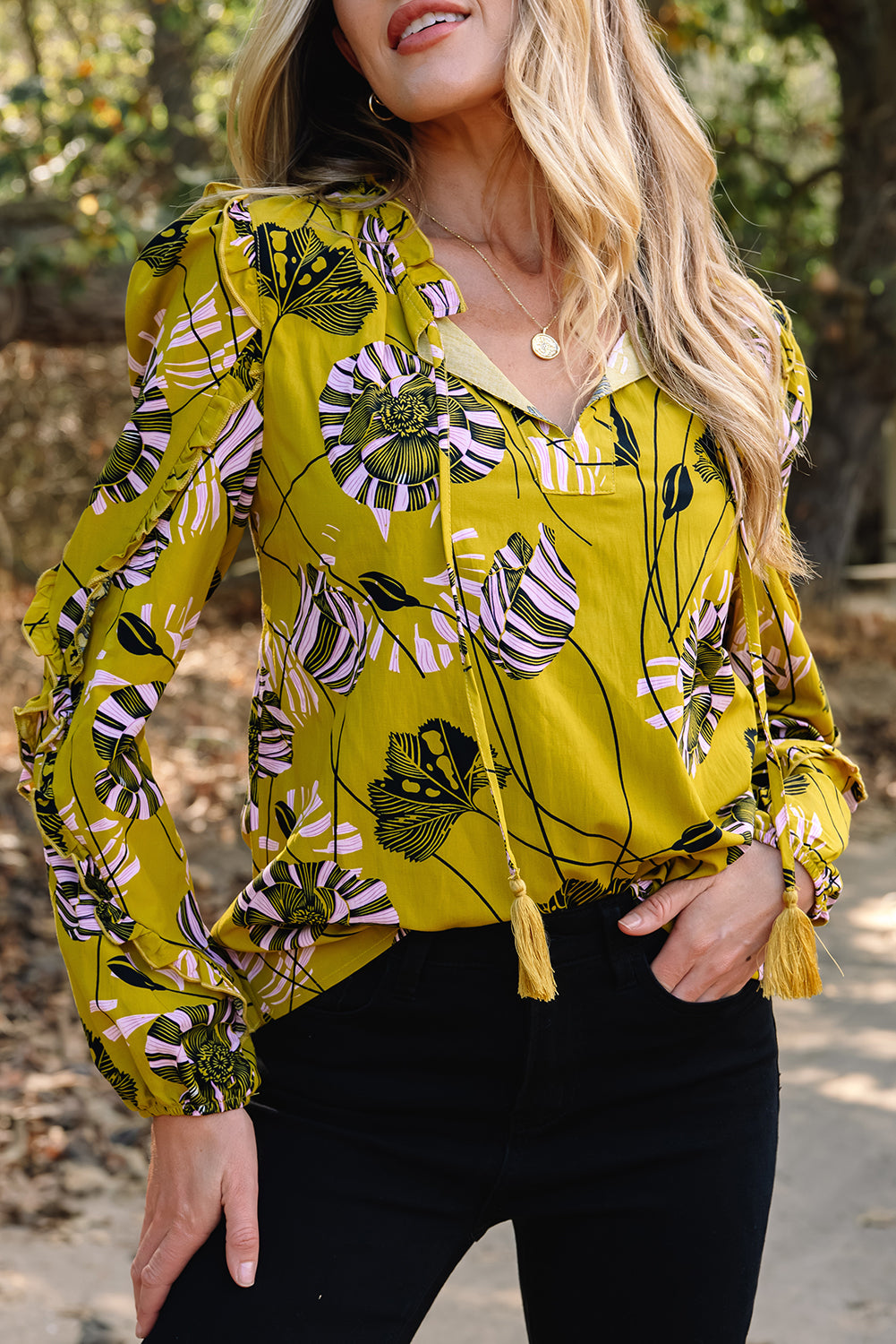 Vintage Floral V Neck Ruffle Trim Long Sleeve Blouse