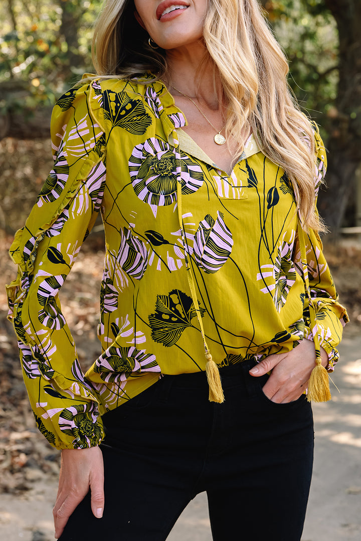 Vintage Floral V Neck Ruffle Trim Long Sleeve Blouse