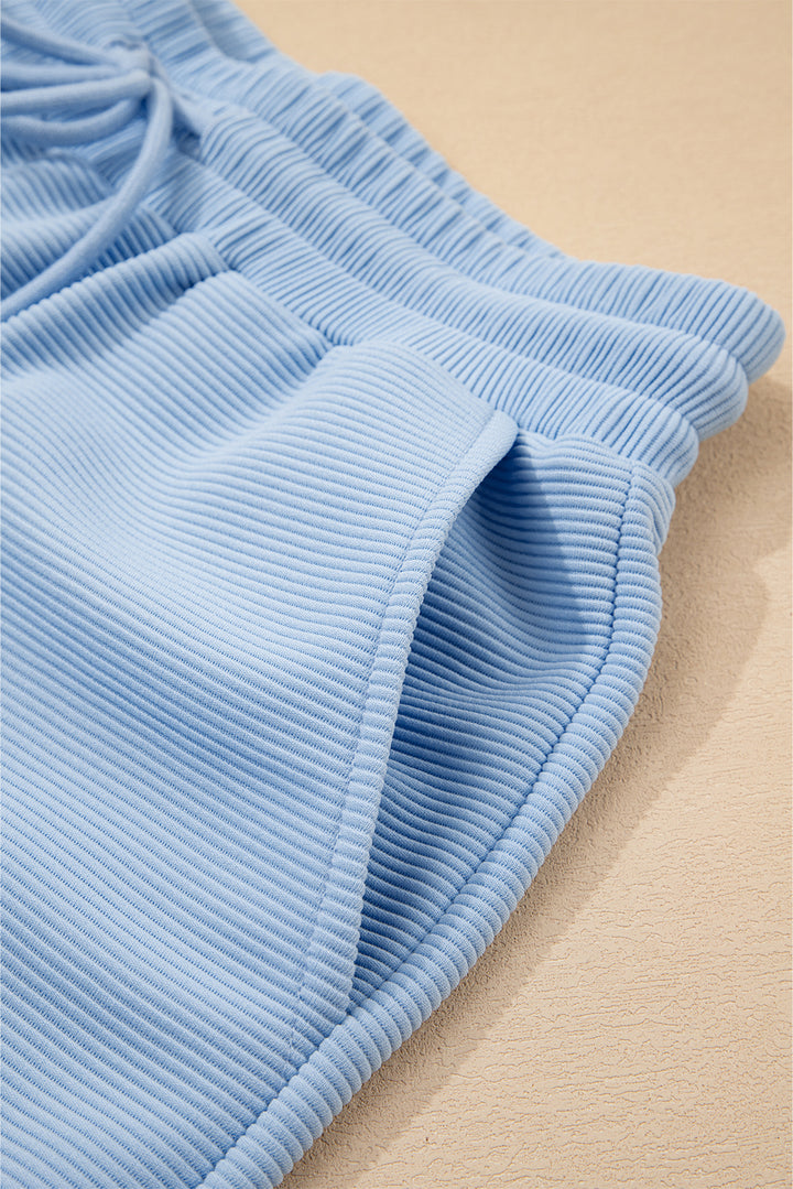 Beau Blue Textured Ruffled Sleeve Zipped Top and Wide Leg Pants Set