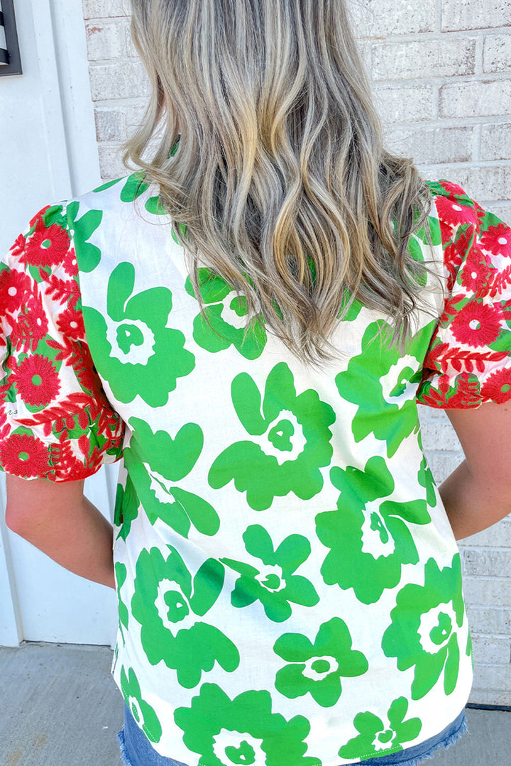 Contrast Embroidered Puff Short Sleeve Floral Blouse
