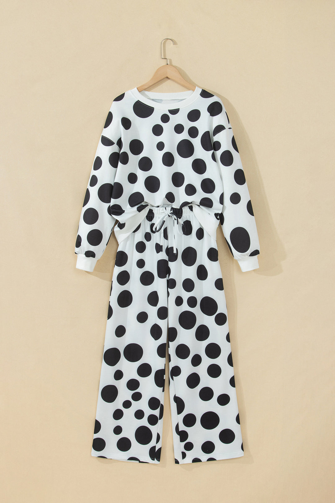 White Polka Dot Long Sleeve Top Drawstring Relaxed Pants Set
