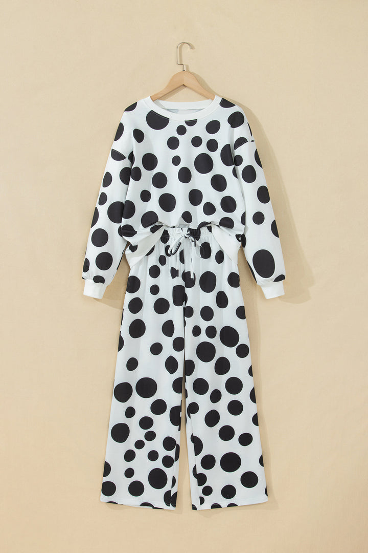 White Polka Dot Long Sleeve Top Drawstring Relaxed Pants Set